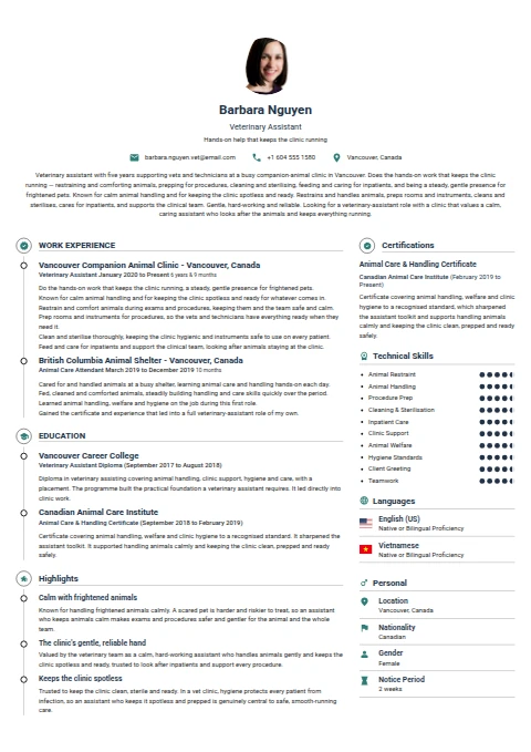 Veterinary Assistant resume example — a professionally formatted Animal Care CV sample
