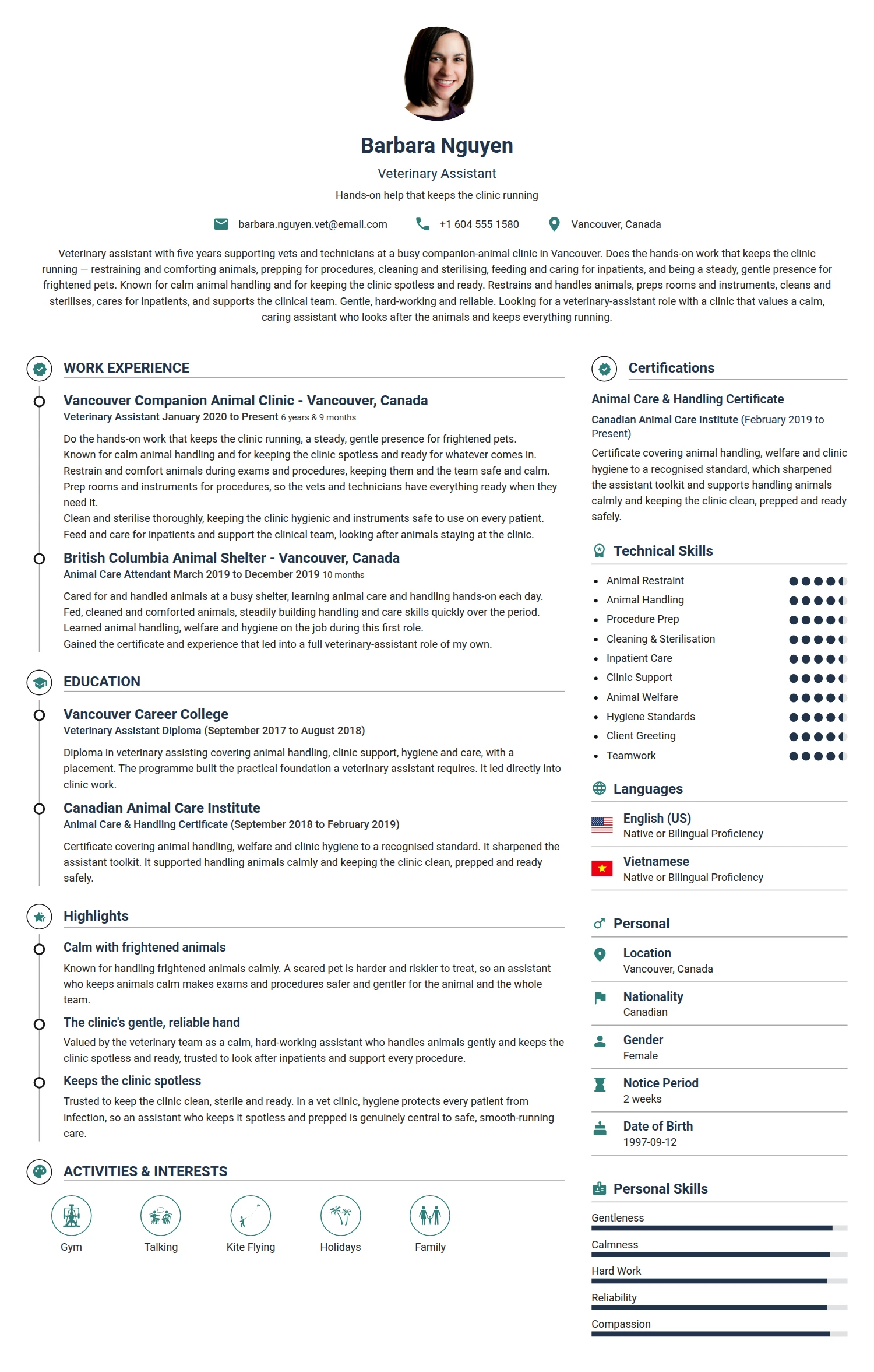 Veterinary Assistant resume example — a professionally formatted Animal Care CV sample