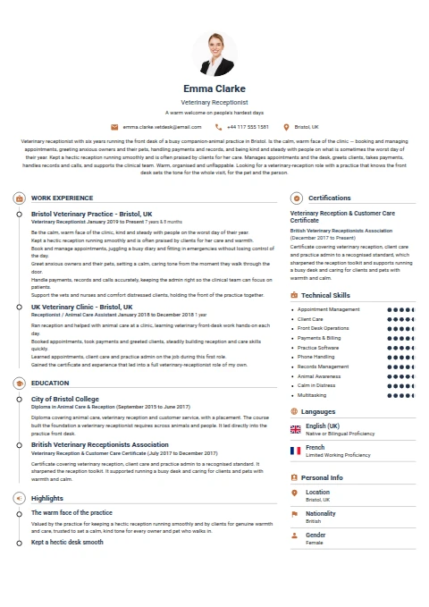 Veterinary Receptionist resume example — a professionally formatted Administration CV sample