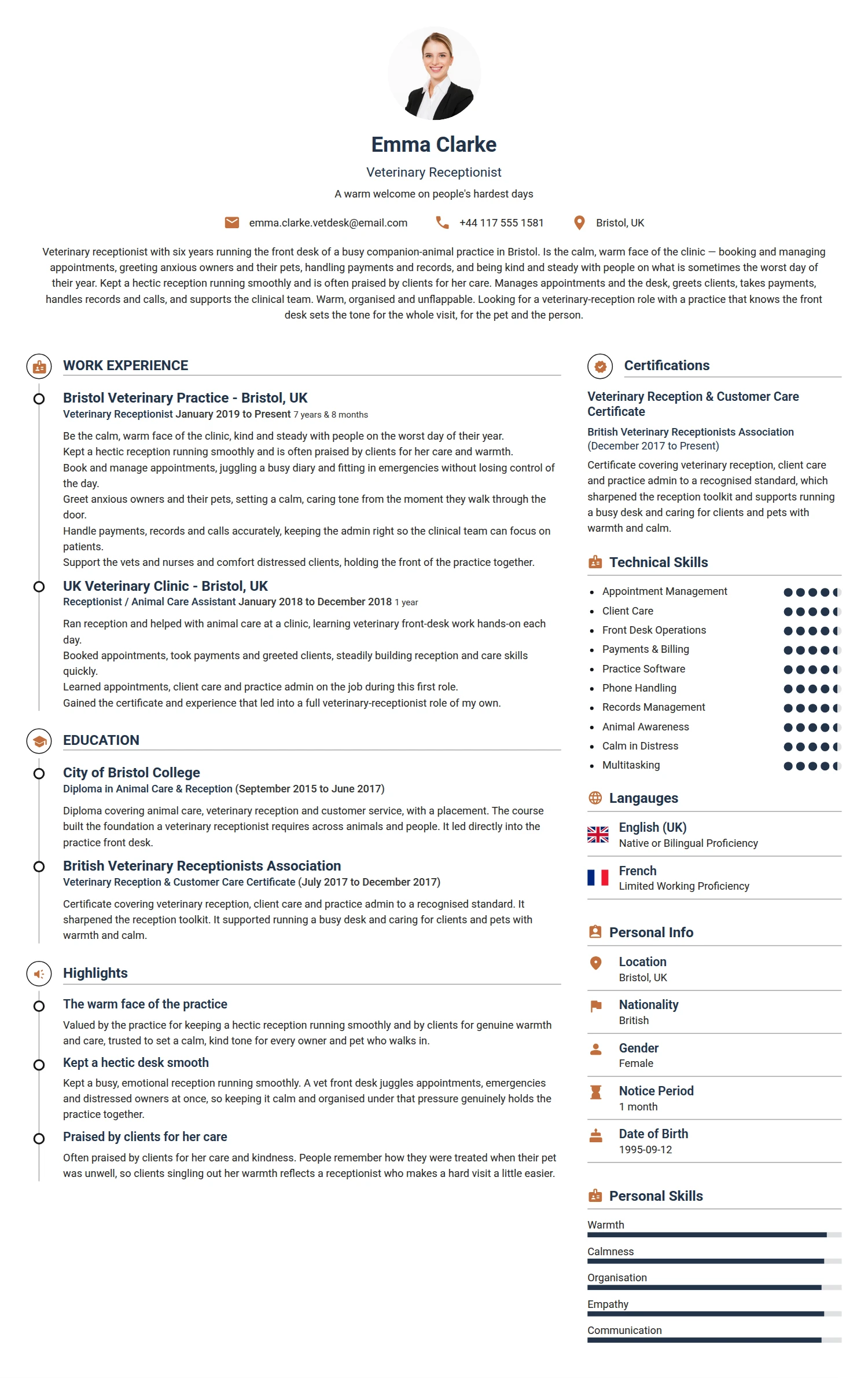 Veterinary Receptionist resume example — a professionally formatted Administration CV sample