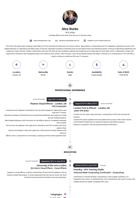 VFX Artist resume example