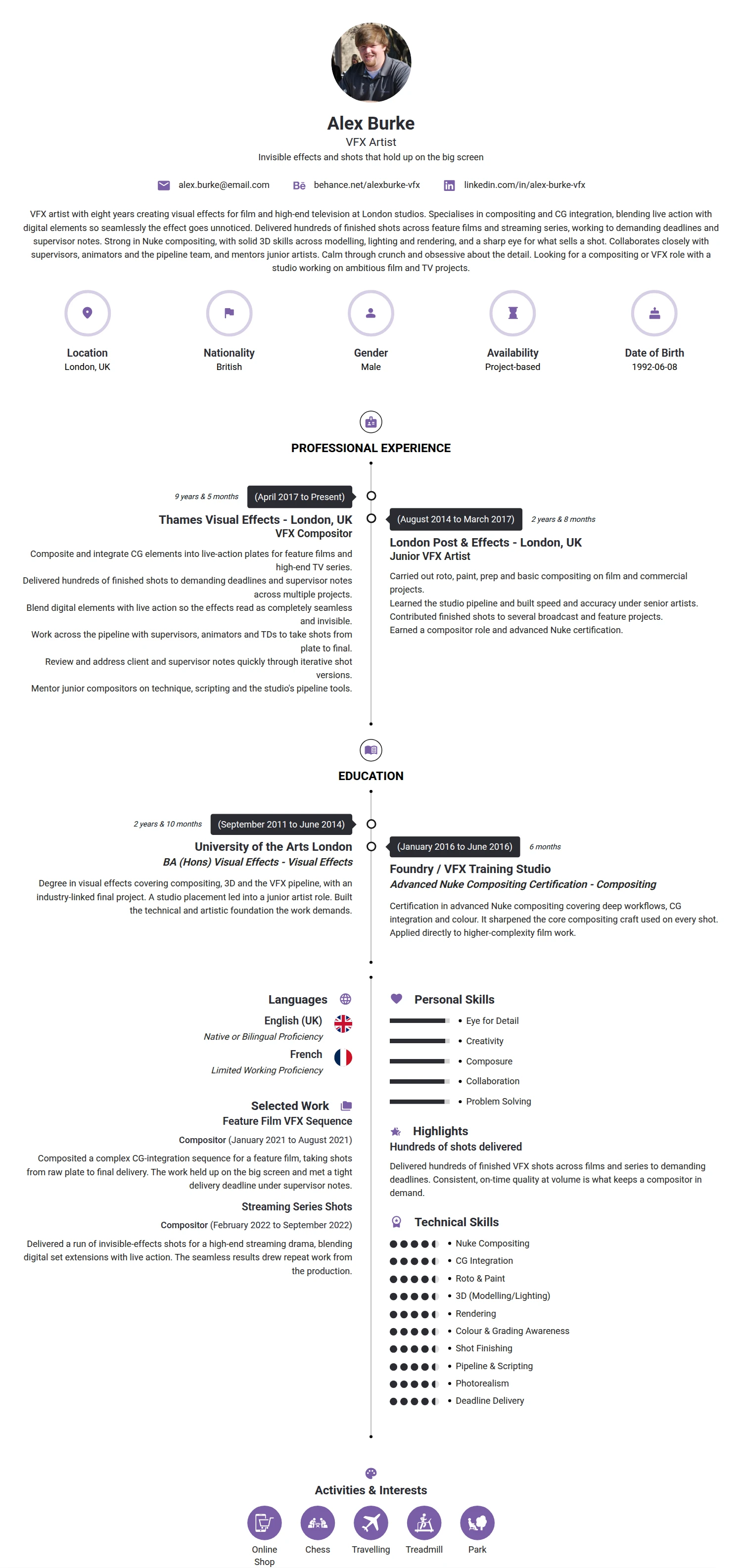 VFX Artist resume example — a professionally formatted Engineering CV sample