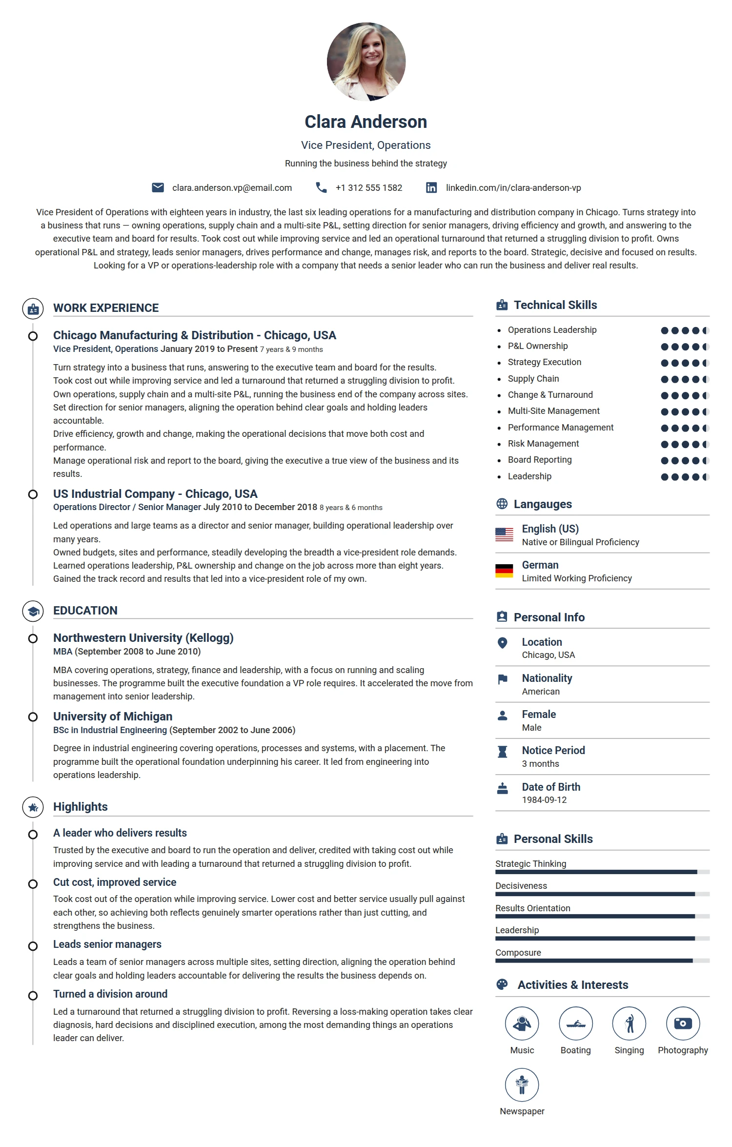 Vice President resume example — a professionally formatted Business Management CV sample