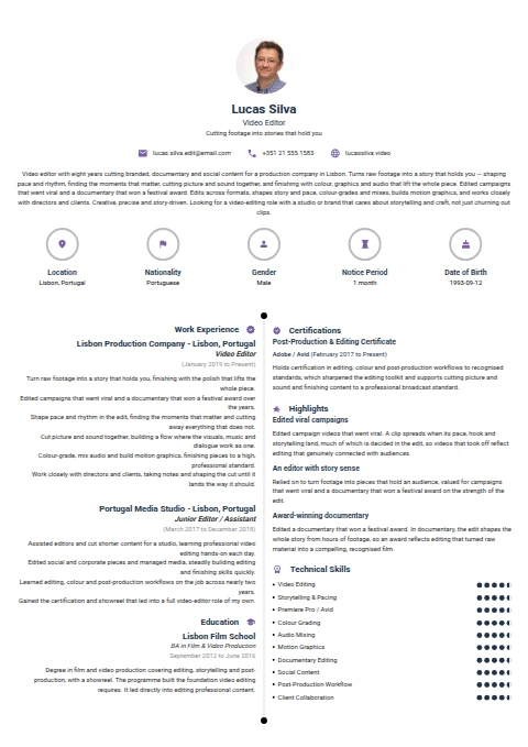 Video Editor resume example