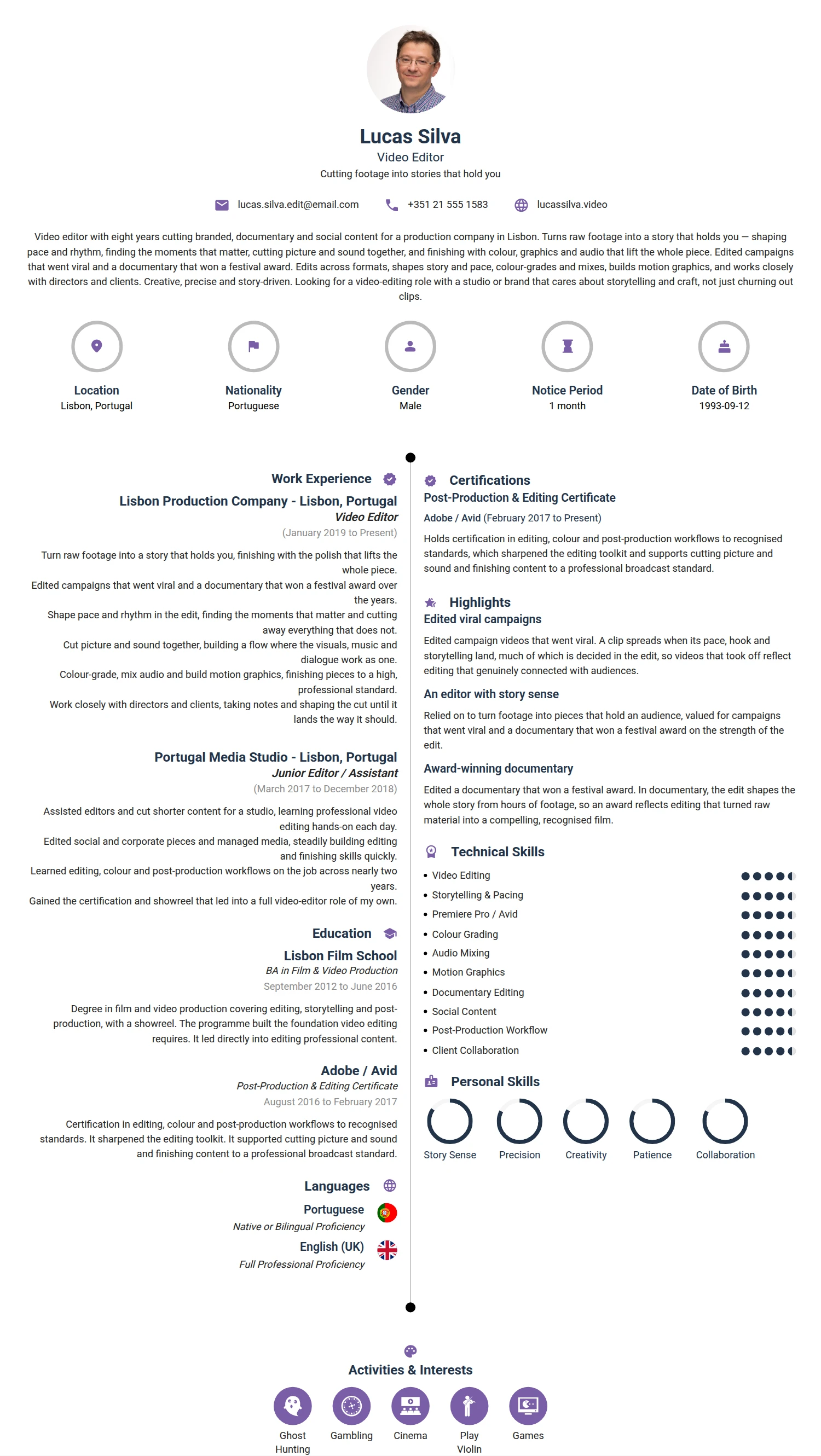 Video Editor resume example — a professionally formatted Media/Journalism CV sample