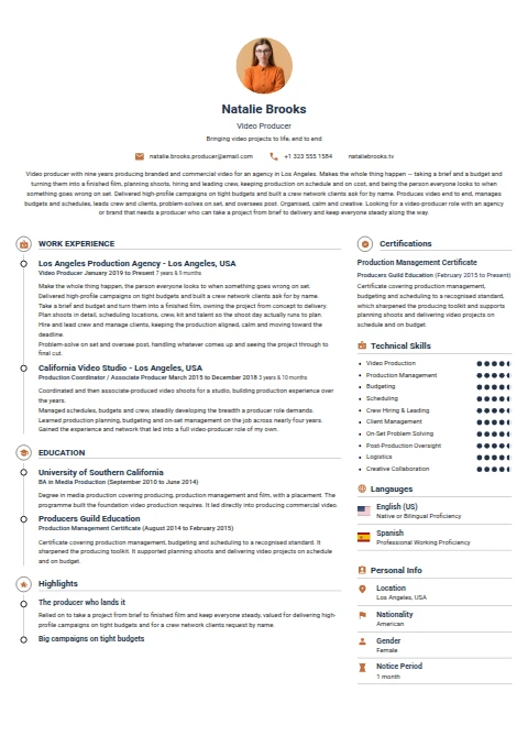 Video Producer resume example