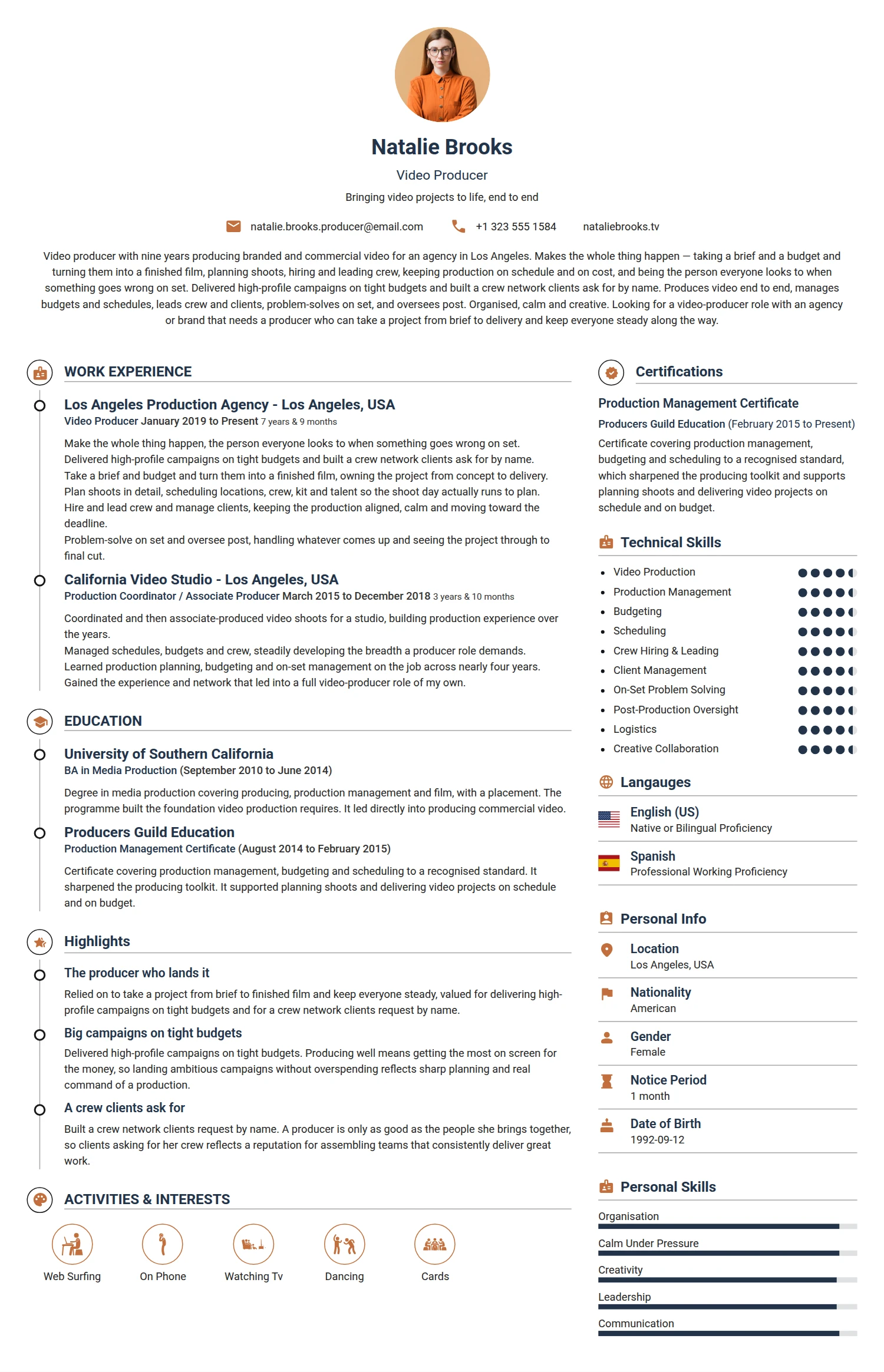 Video Producer resume example — a professionally formatted Media/Journalism CV sample