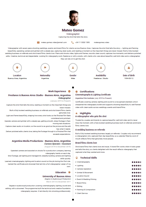 Videographer resume example — a professionally formatted Software Development & IT CV sample