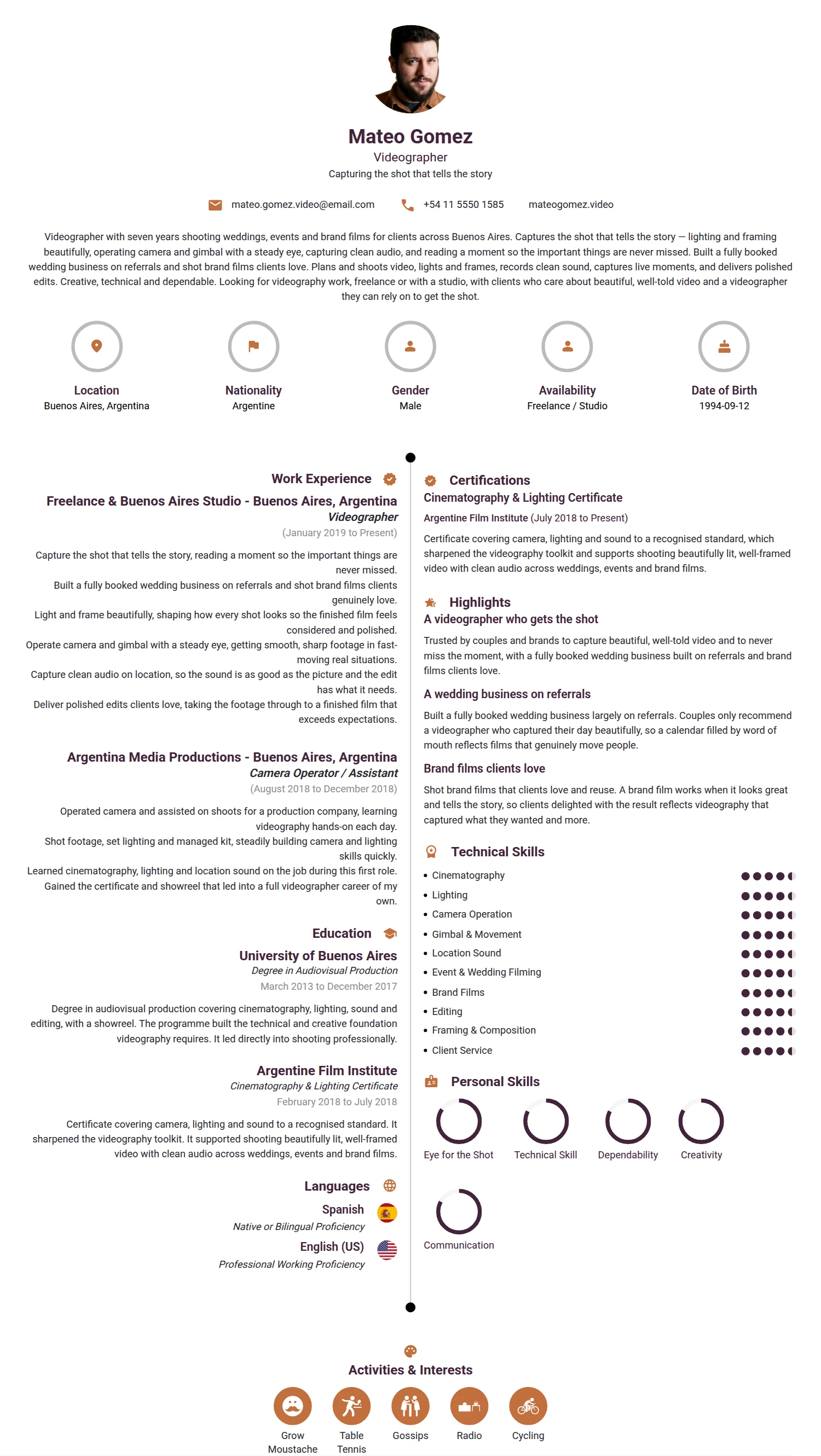 Videographer resume example — a professionally formatted Software Development & IT CV sample