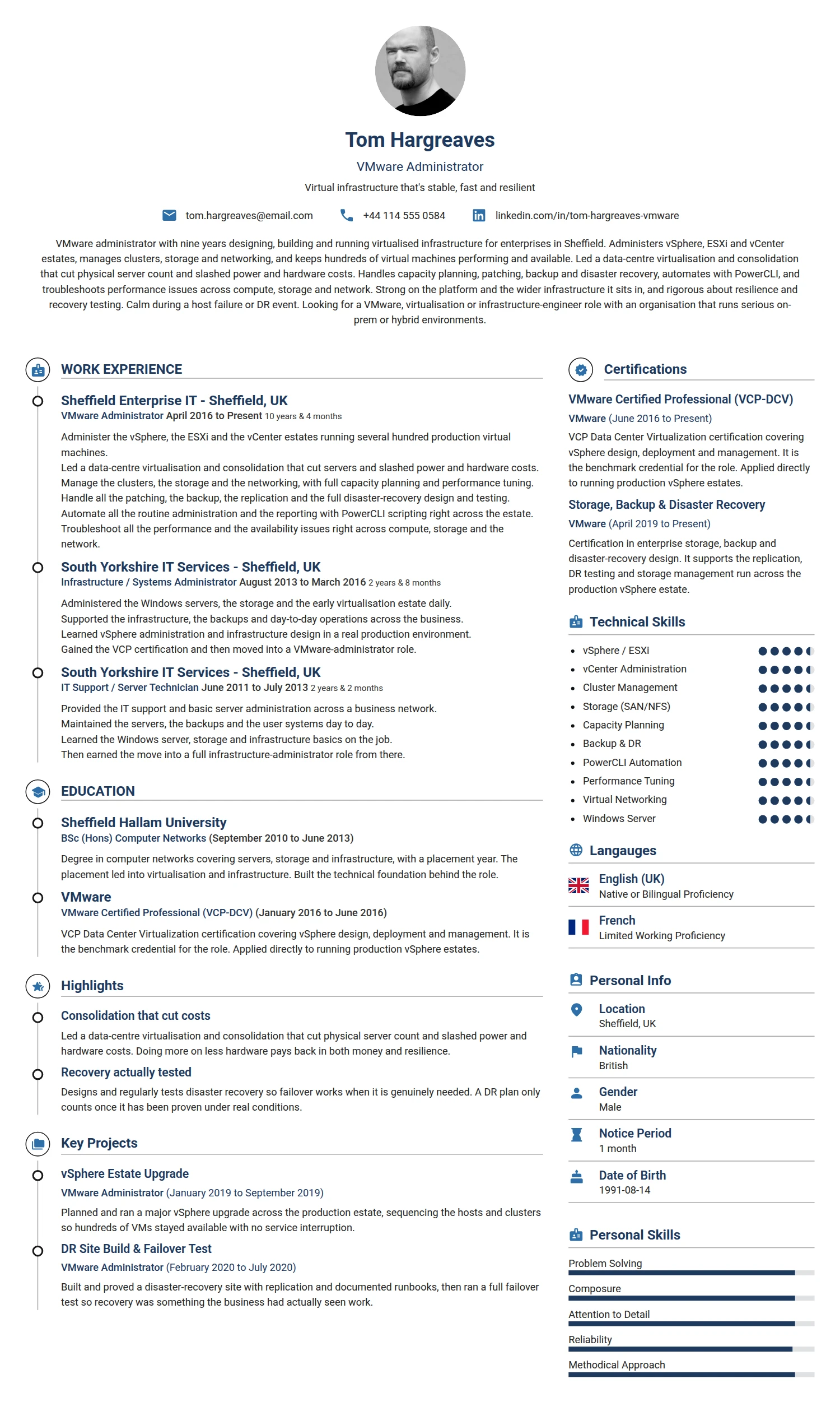 Vmware Administrator resume example — a professionally formatted Software Development & IT CV sample