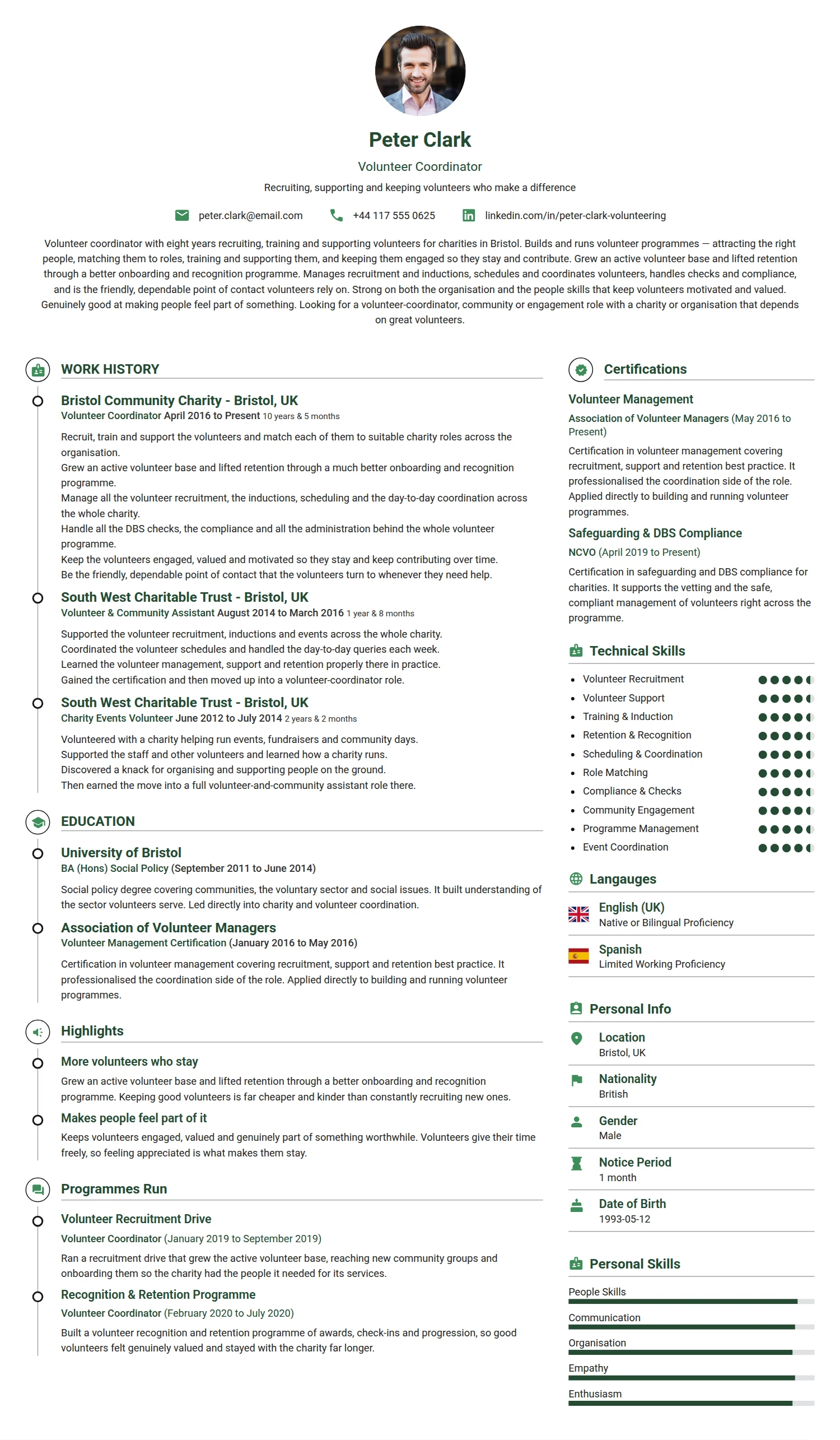 Volunteer Coordinator resume example — a professionally formatted Charity/Non-Profit CV sample