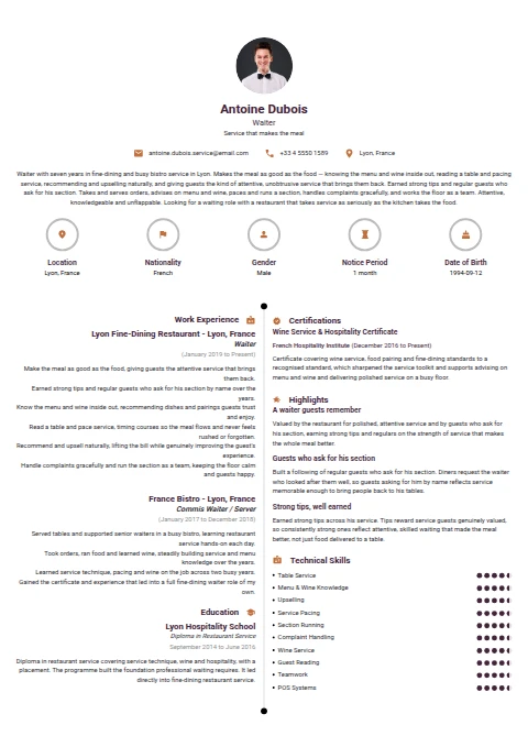 Waiter resume example