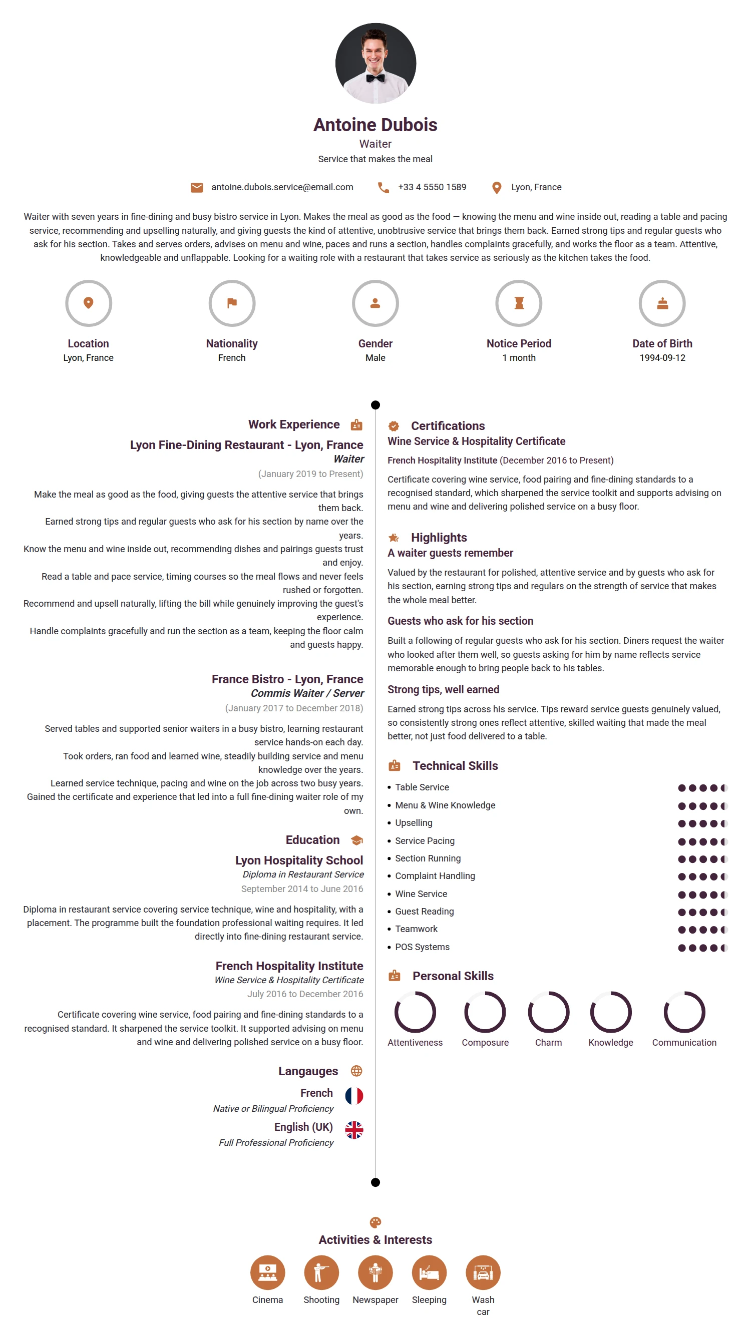 Waiter resume example — a professionally formatted Hospitality CV sample