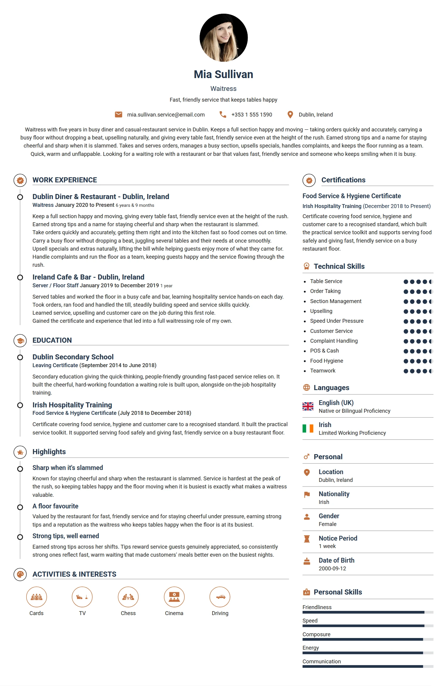 Waitress resume example — a professionally formatted Hospitality CV sample
