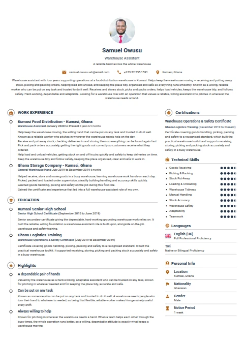 Warehouse Assistant resume example
