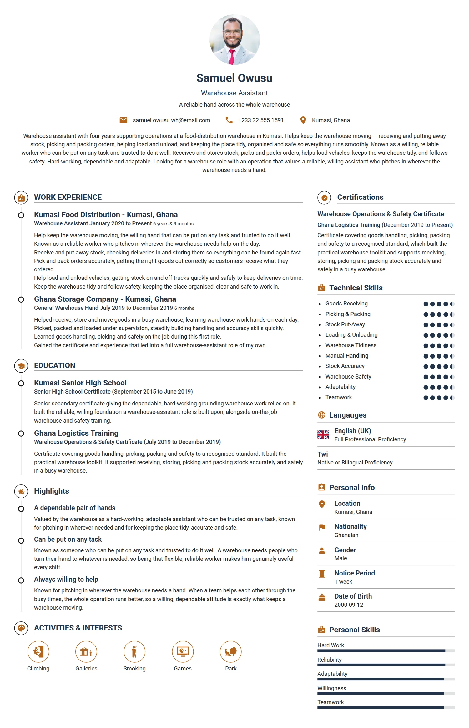 Warehouse Assistant resume example — a professionally formatted Logistics/Supply Chain CV sample