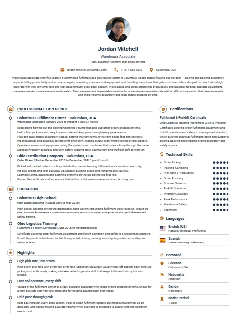 Warehouse Associate resume example