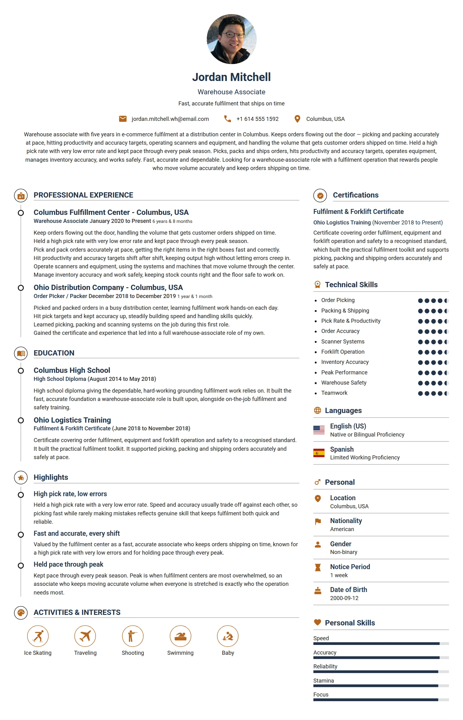 Warehouse Associate resume example — a professionally formatted Logistics/Supply Chain CV sample