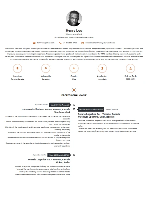 Warehouse Clerk resume example