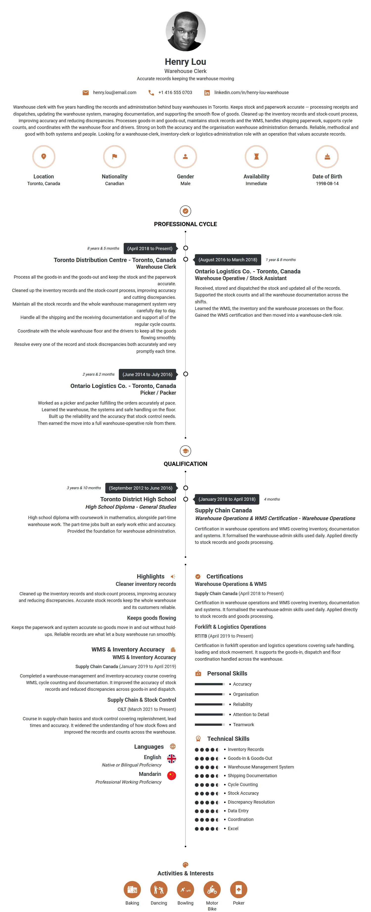Warehouse Clerk resume example — a professionally formatted Administration CV sample