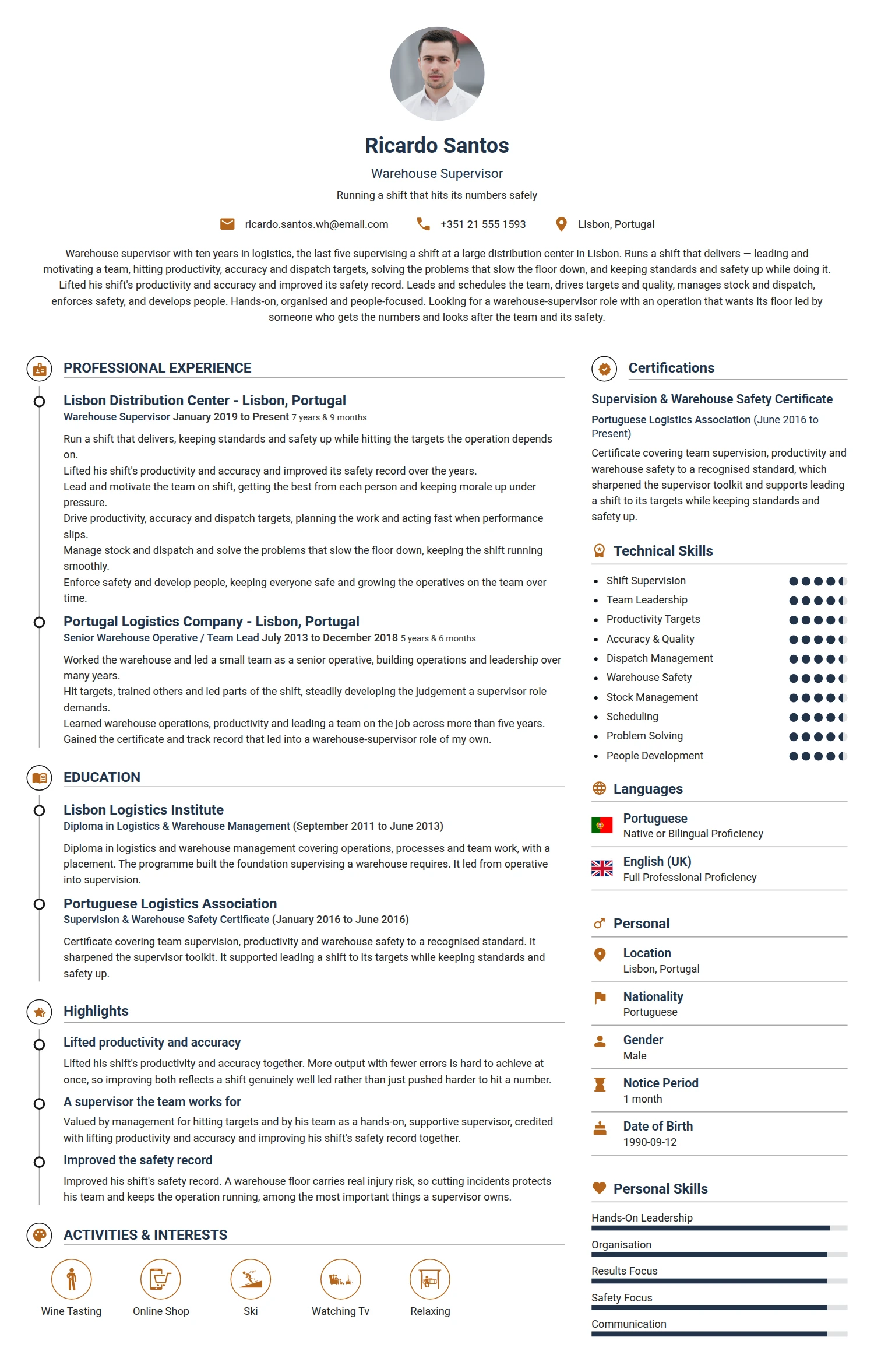 Warehouse Supervisor resume example — a professionally formatted Logistics/Supply Chain CV sample