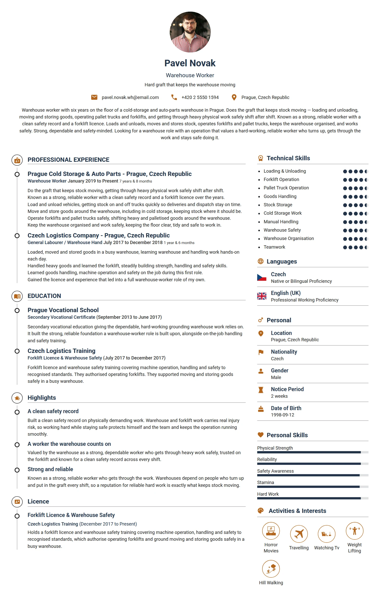 Warehouse Worker resume example — a professionally formatted Logistics/Supply Chain CV sample