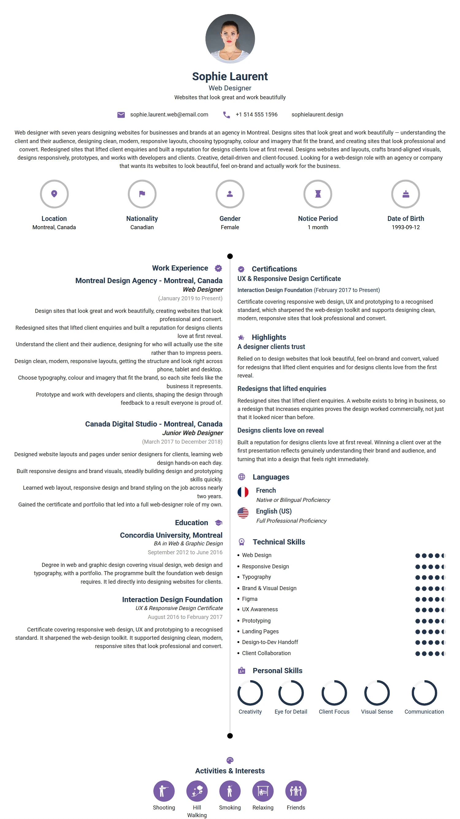 Web Designer resume example — a professionally formatted Art/Creative/Design CV sample