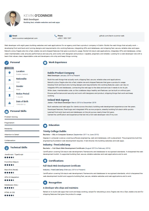Web Developer resume example — a professionally formatted Software Development & IT CV sample