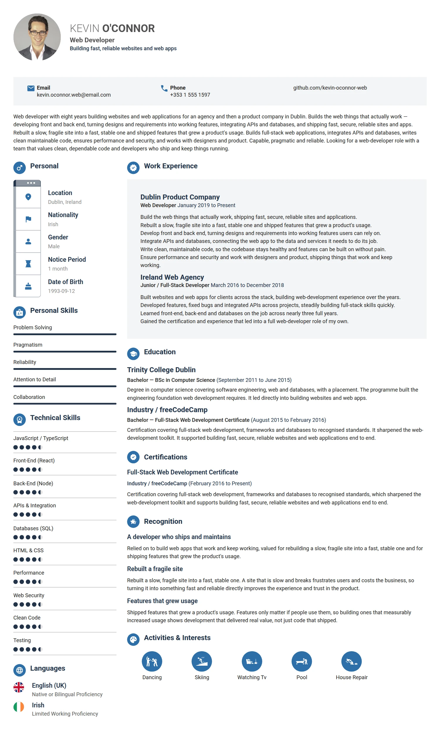 Web Developer resume example — a professionally formatted Software Development & IT CV sample