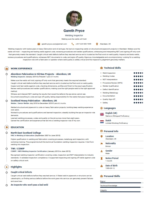 Welding Inspector resume example