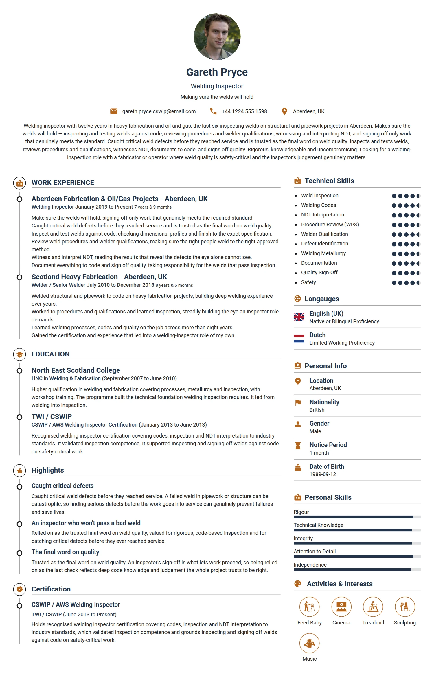 Welding Inspector resume example — a professionally formatted Maintenance/Repair CV sample