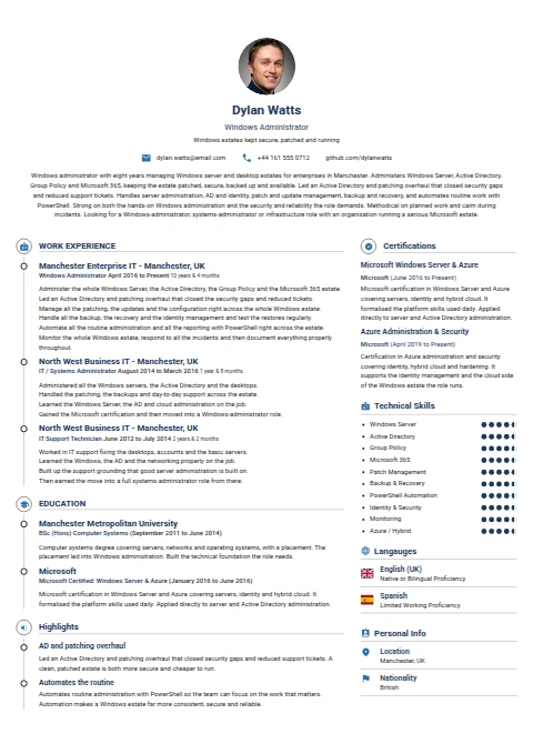 Windows Administrator resume example