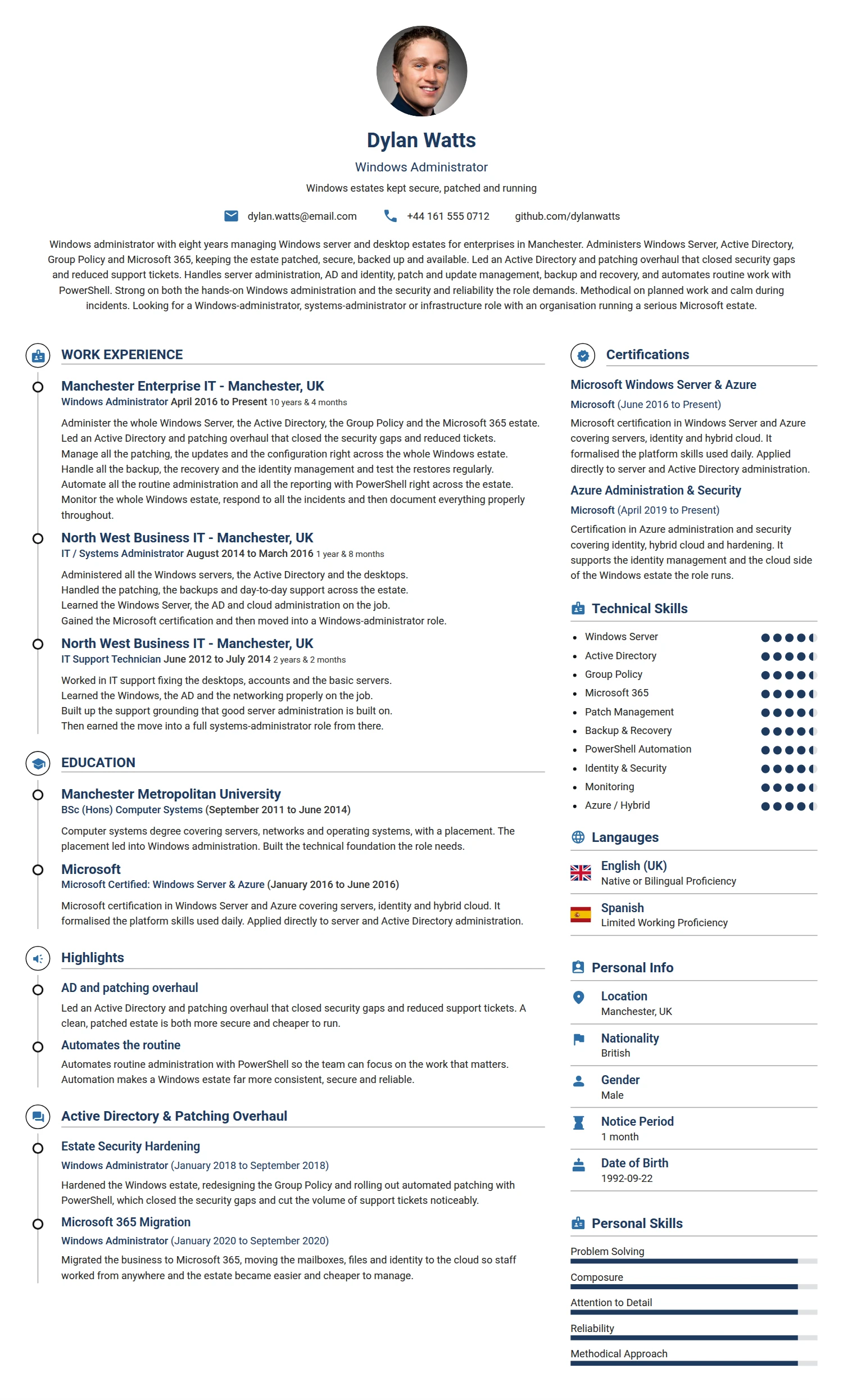 Windows Administrator resume example — a professionally formatted Software Development & IT CV sample