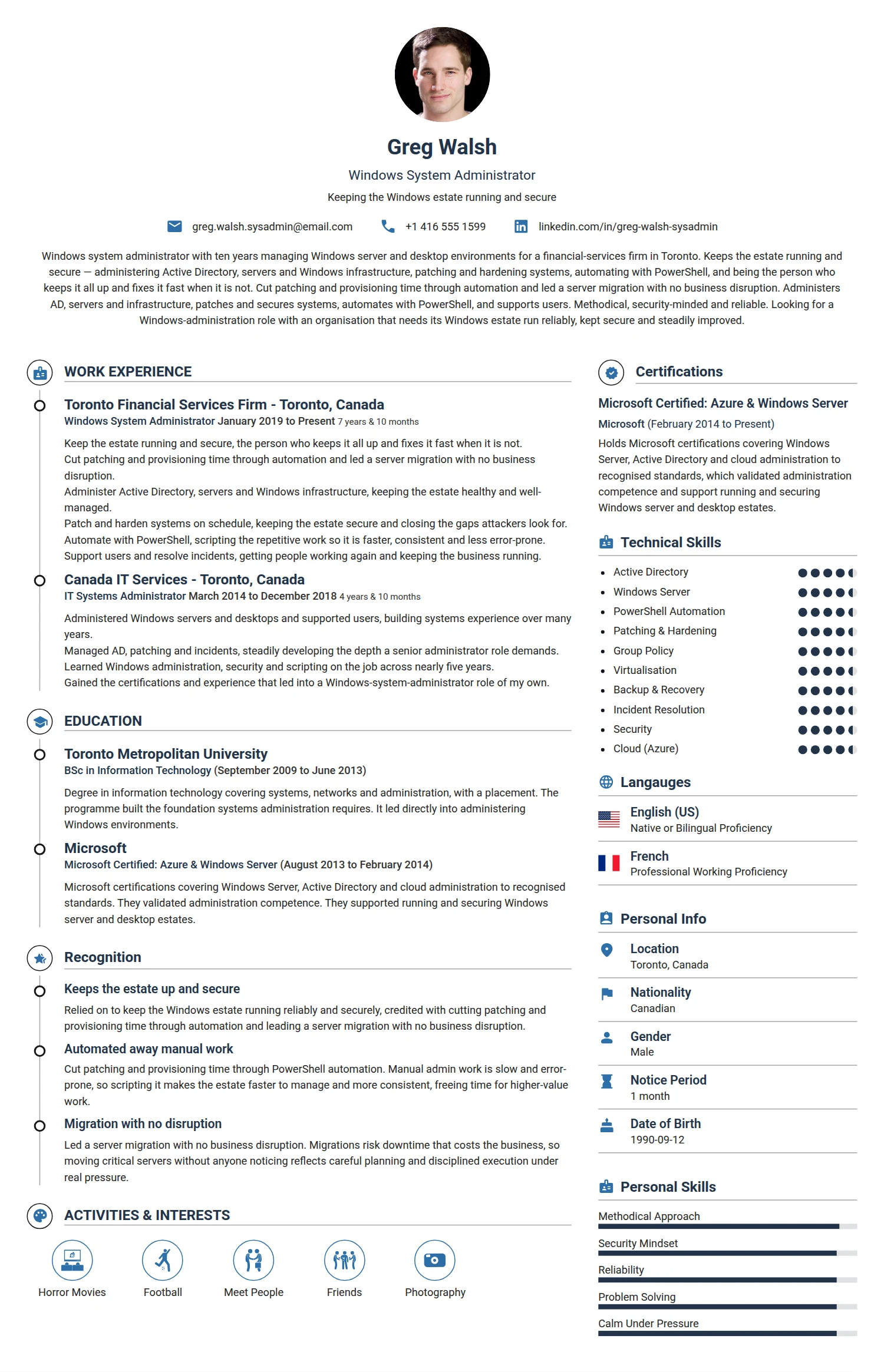 Windows System Administrator resume example — a professionally formatted Software Development & IT CV sample