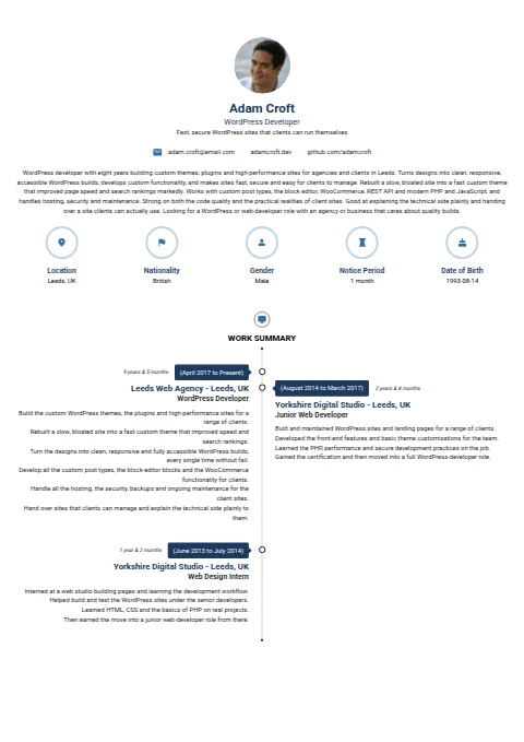 Wordpress Developer resume example