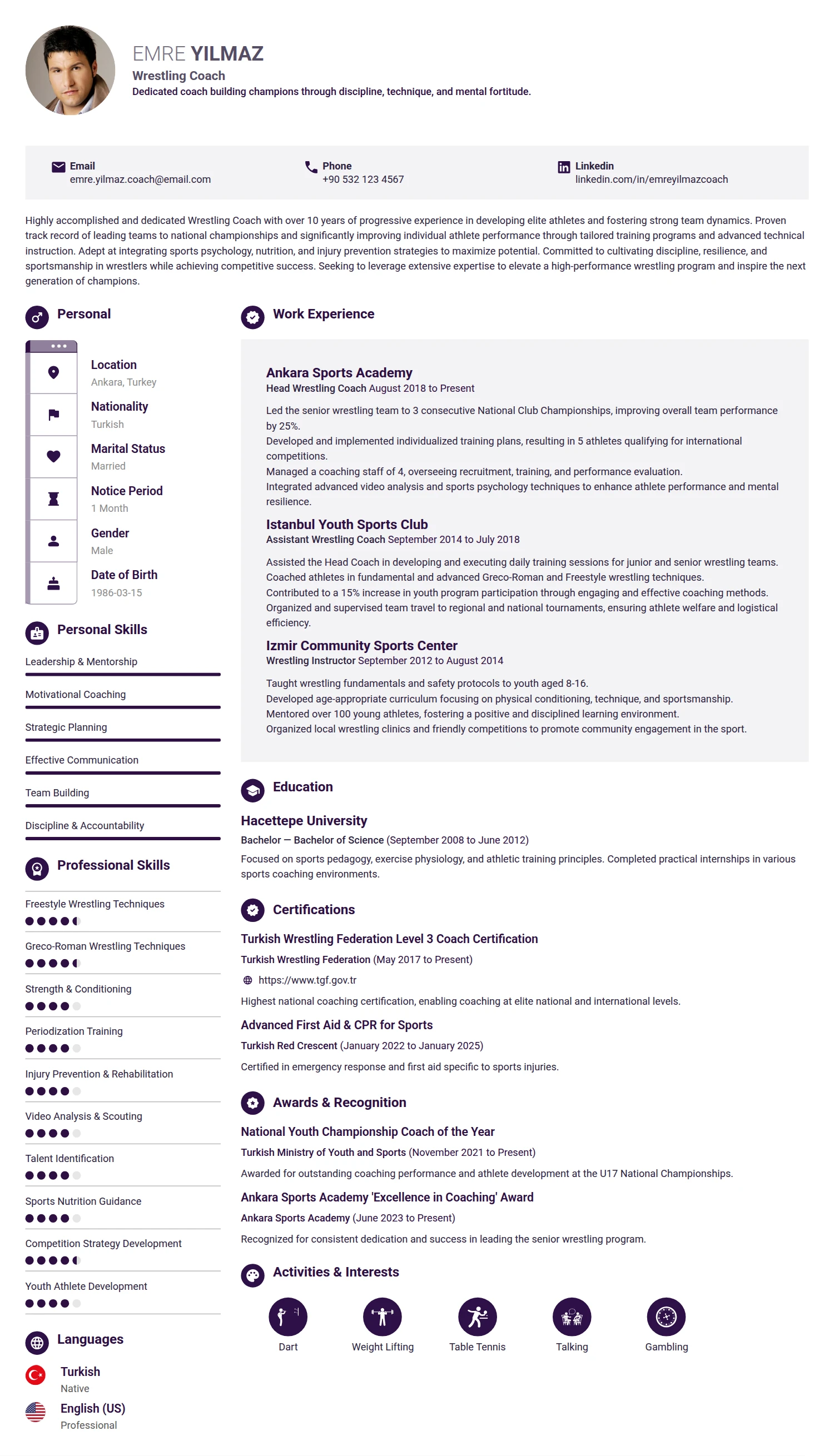 Wrestling Coach resume example — a professionally formatted Sports & Fitness CV sample