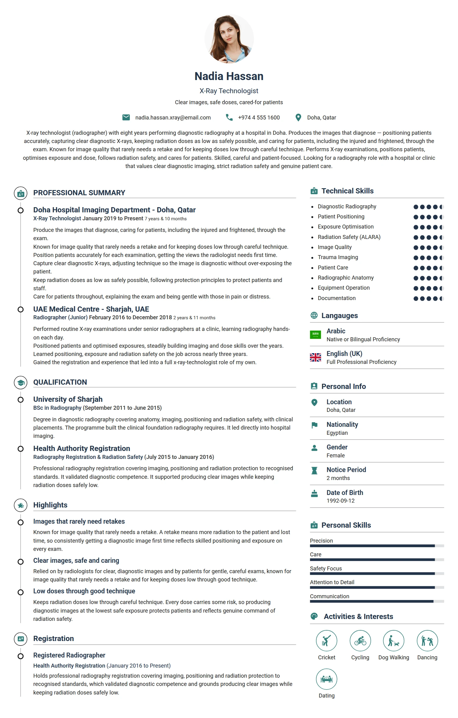 X RAY Technologist resume example — a professionally formatted Software Development & IT CV sample