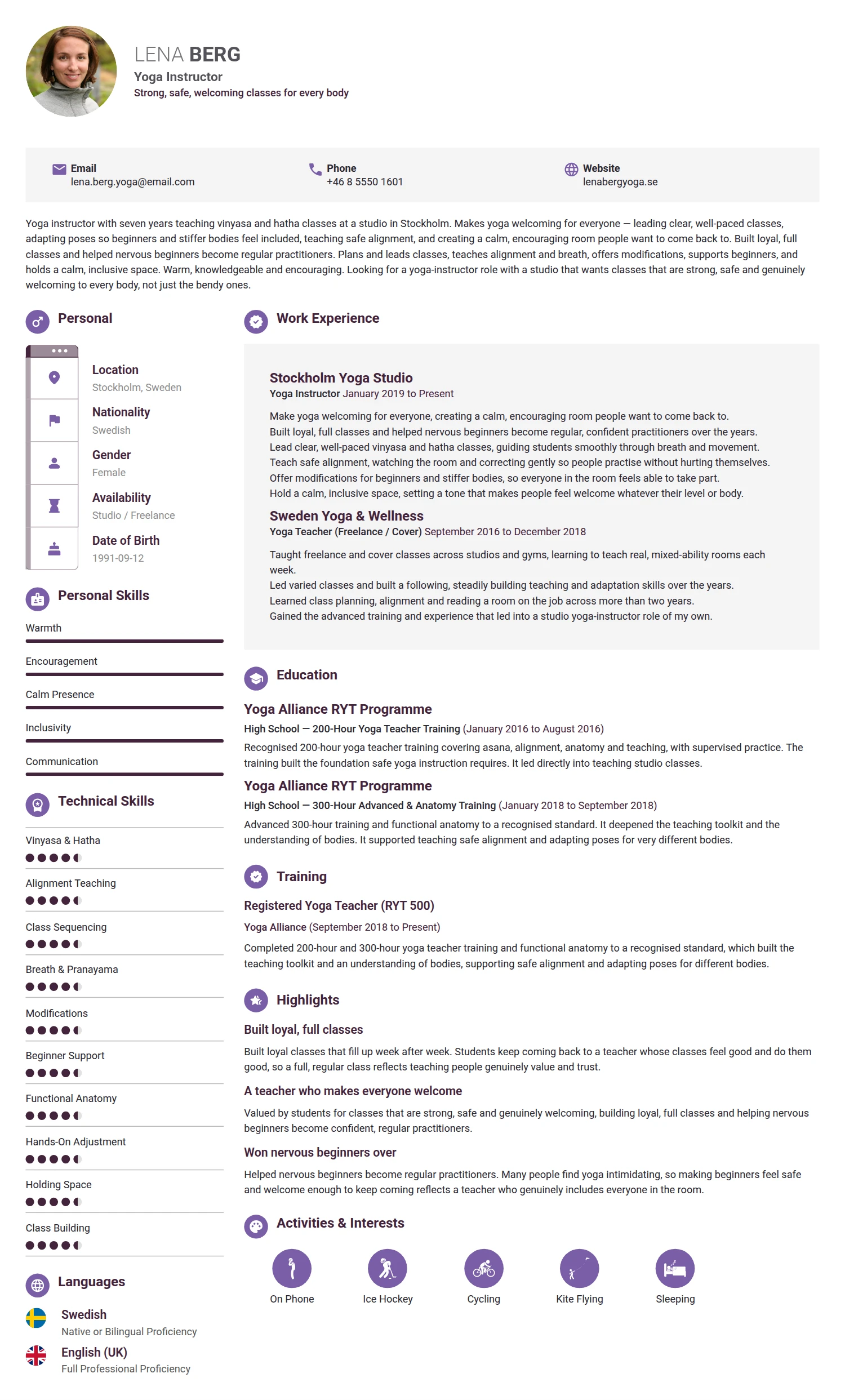 Yoga Instructor resume example — a professionally formatted Sports & Fitness CV sample