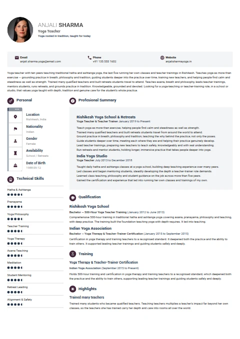 Yoga Teacher resume example — a professionally formatted Education CV sample