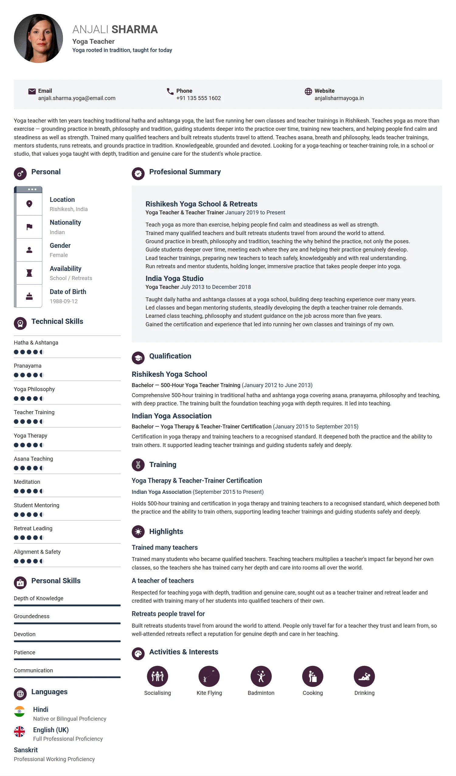 Yoga Teacher resume example — a professionally formatted Education CV sample