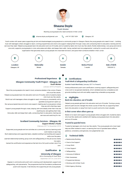 Youth Worker resume example